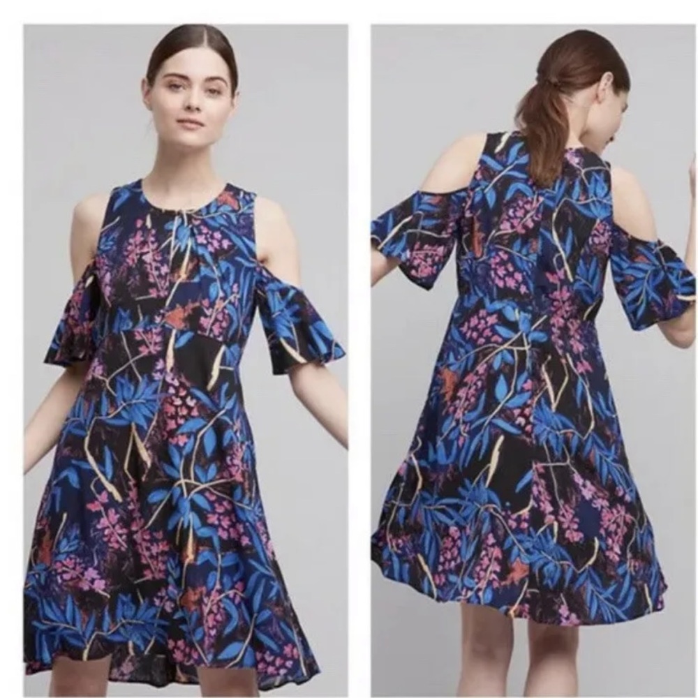 Anthropologie Maeve Women Elia Summer Dress Blue Pink Floral Cold Shoulder